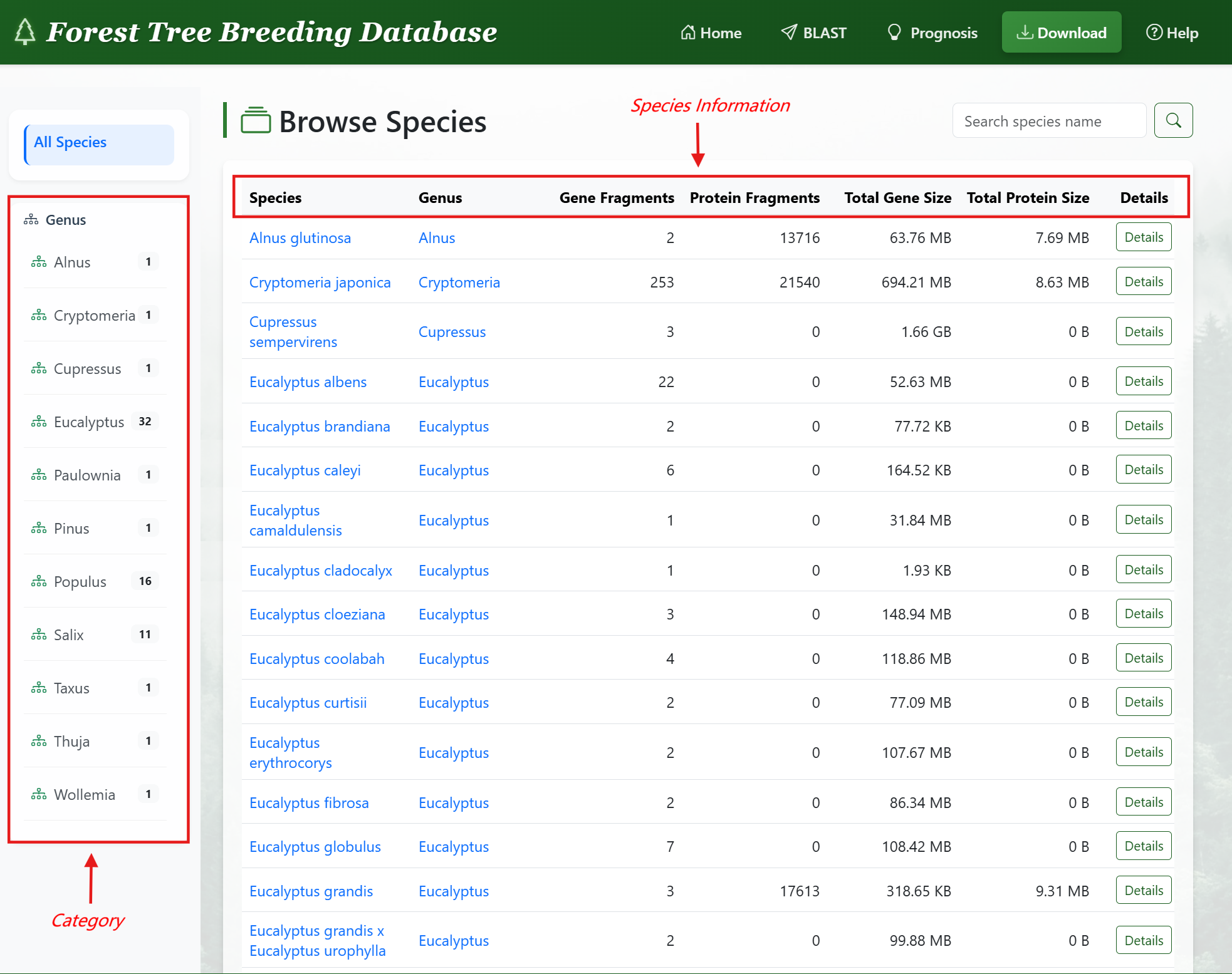 Browse species data interface