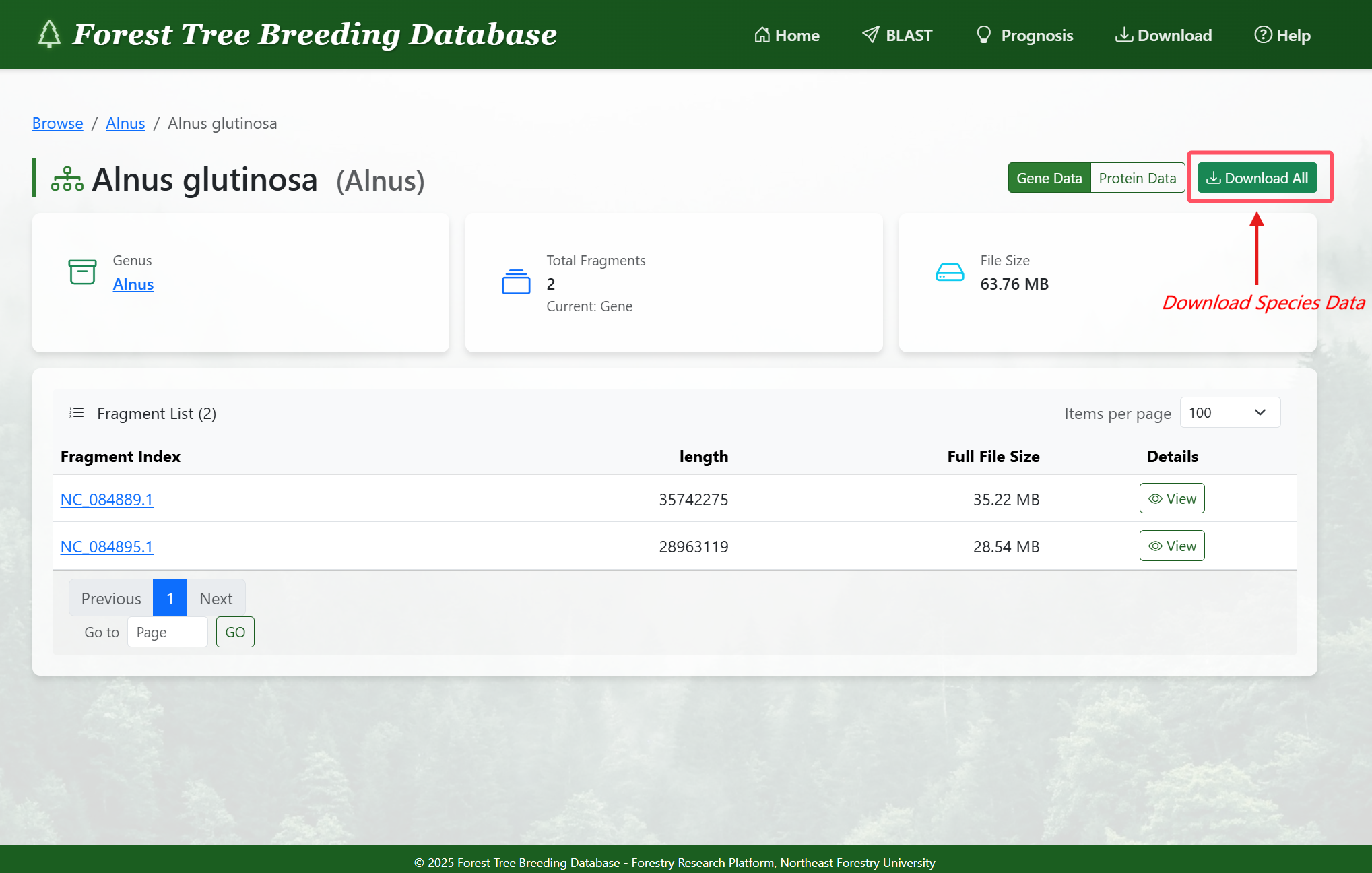 Complete species data download interface